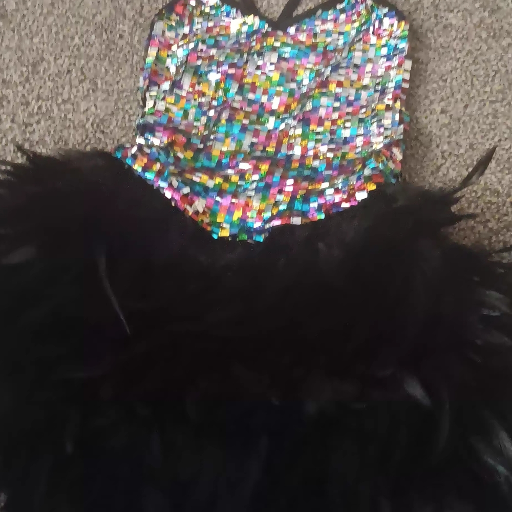 Colorful Sequin and Black Feather Dress